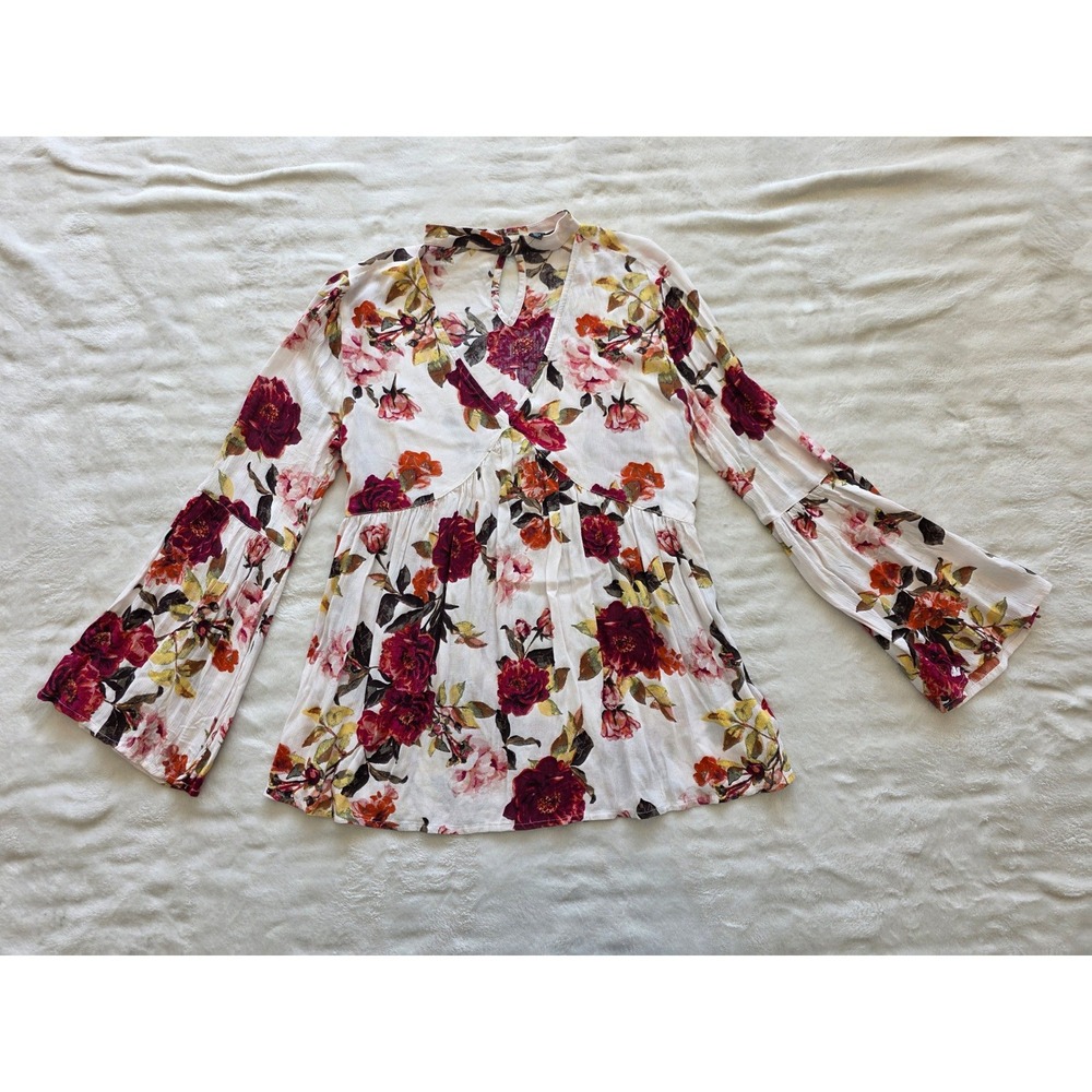 ana a new approach floral‎ print bell sleeve keyhole neck tunic top womens small